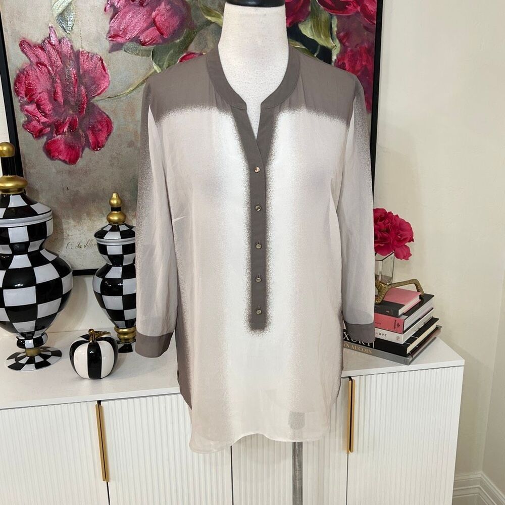 Gerry Weber Women's Ombre 3/4 Sleeve Chiffon Tunic Blouse Grey White Size Medium